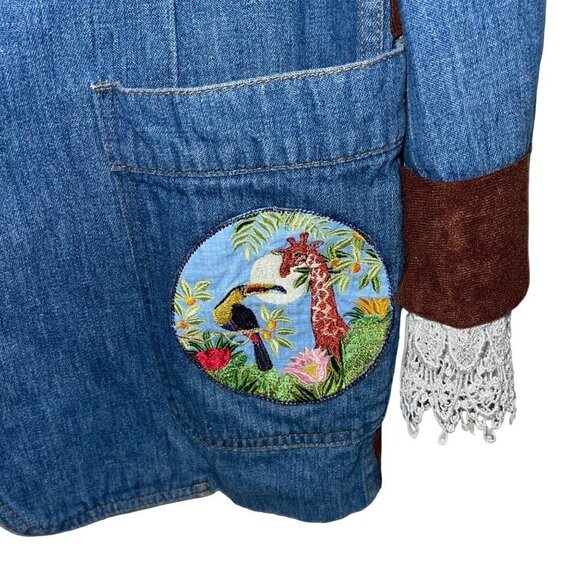 Lee Set Vintage Womens Blazer Size Large Upcycled Denim Patch Embroidered Lace - Picture 5 of 16